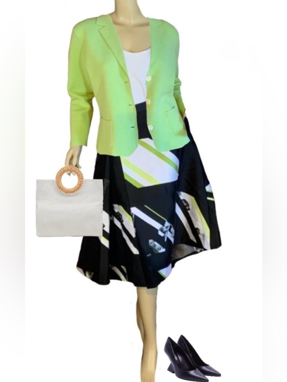 LANE BRYANT BLACK, GREEN & WHITE FLORAL & ABSTRACT PRINT FULL SKIRT (24)